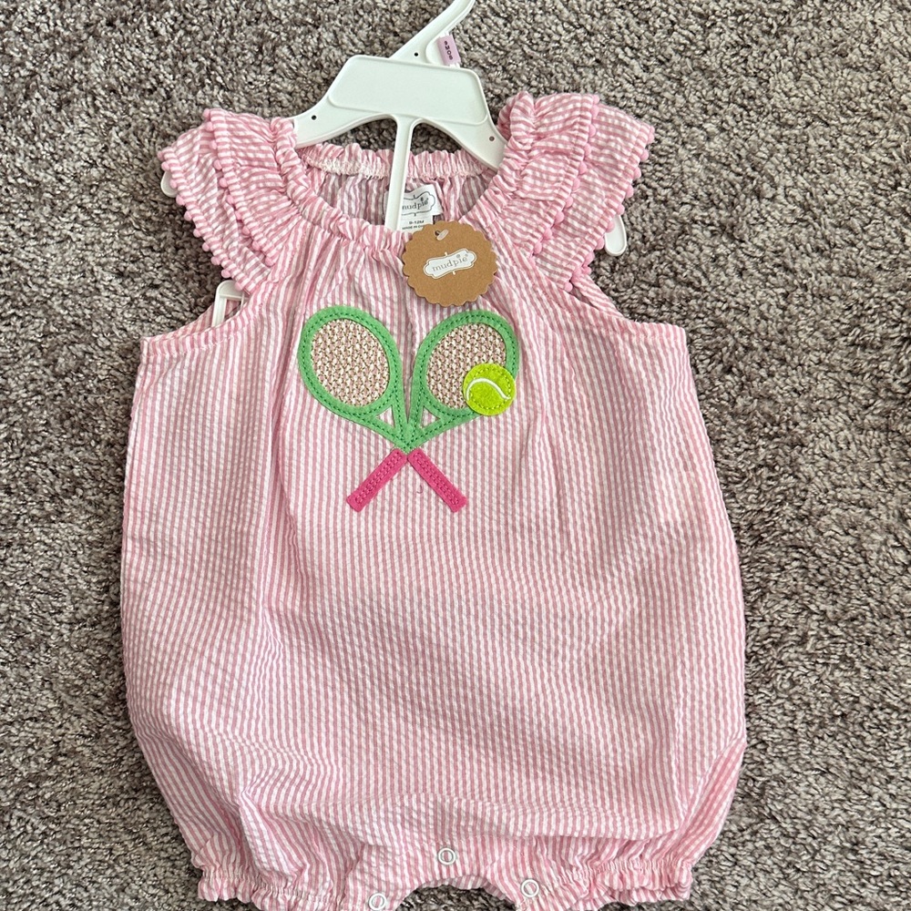 Pink Striped Baby Romper with Tennis Design